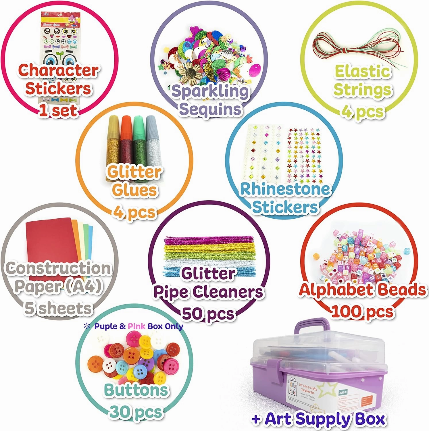 Olly Kids Arts and Crafts Supplies Set- 1000  Pieces Giftable Craft Box for Kids: DIY Craft Supplies for Toddlers, School Project, and Homeschool