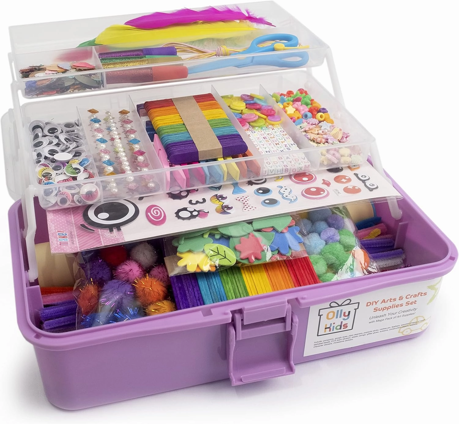 Olly Kids Arts and Crafts Supplies Set- 1000  Pieces Giftable Craft Box for Kids: DIY Craft Supplies for Toddlers, School Project, and Homeschool