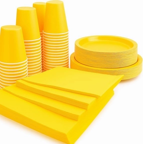 Oojami Yellow Disposable Party Supplies Set for 50 Guests – Includes 9" Dinner Plates, 7" Dessert Plates, 9 oz Cups, and 3-Ply Napkins