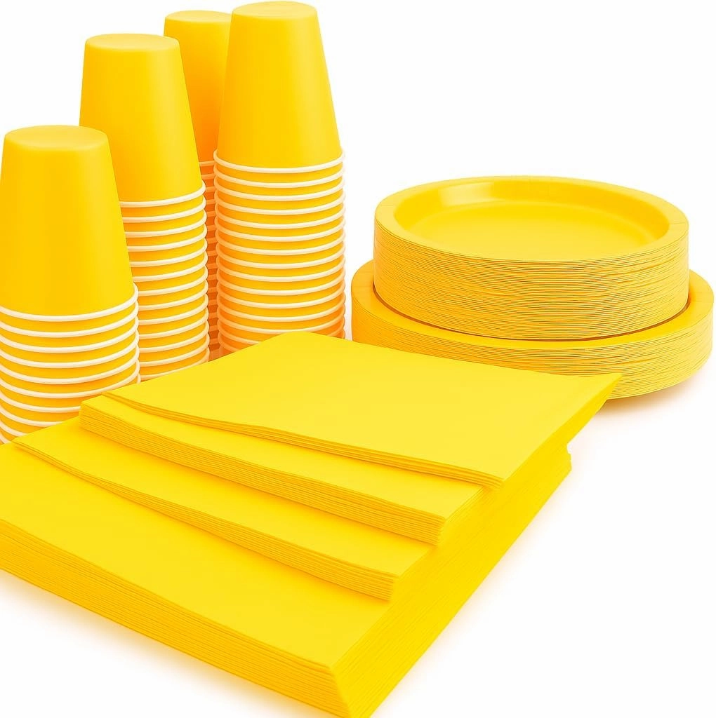 Oojami Yellow Disposable Party Supplies Set for 50 Guests – Includes 9" Dinner Plates, 7" Dessert Plates, 9 oz Cups, and 3-Ply Napkins