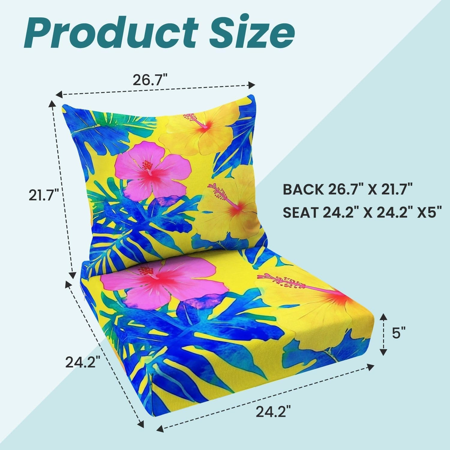 Outdoor Deep Seat Cushion Set Vivid Colors Bright Tropical Flowers Seamless 24 x 24 Inch Fade Resistant Patio Furniture Cushions with Removable Cover for Chaise Lounge