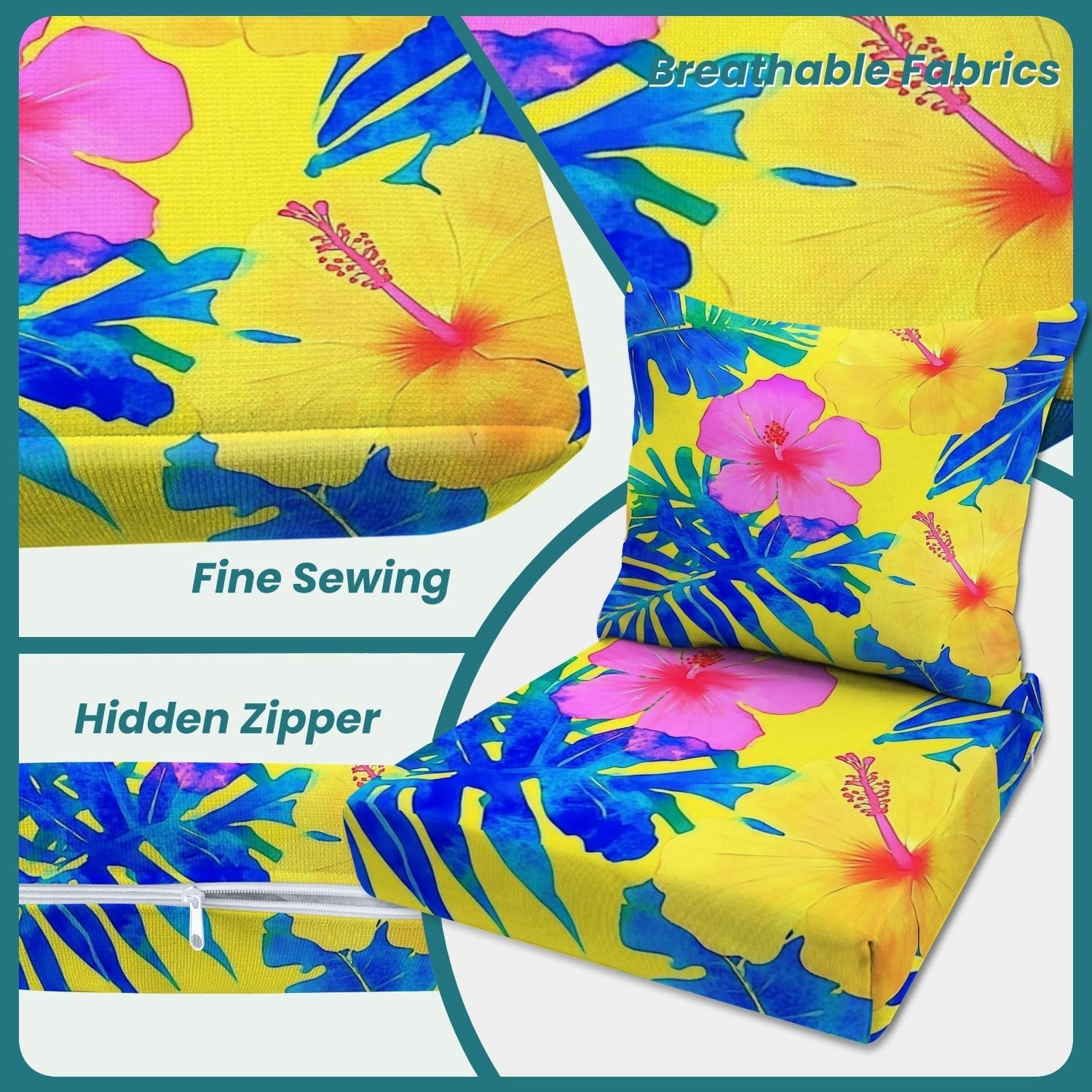 Outdoor Deep Seat Cushion Set Vivid Colors Bright Tropical Flowers Seamless 24 x 24 Inch Fade Resistant Patio Furniture Cushions with Removable Cover for Chaise Lounge