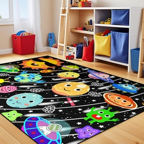 Outer Space Rug - Galaxy Area Carpet Planet Rug for Kids Room Space Rugs for Boys Bedroom Black Universe Carpet Kids Play Mat, 3x4 Feet
