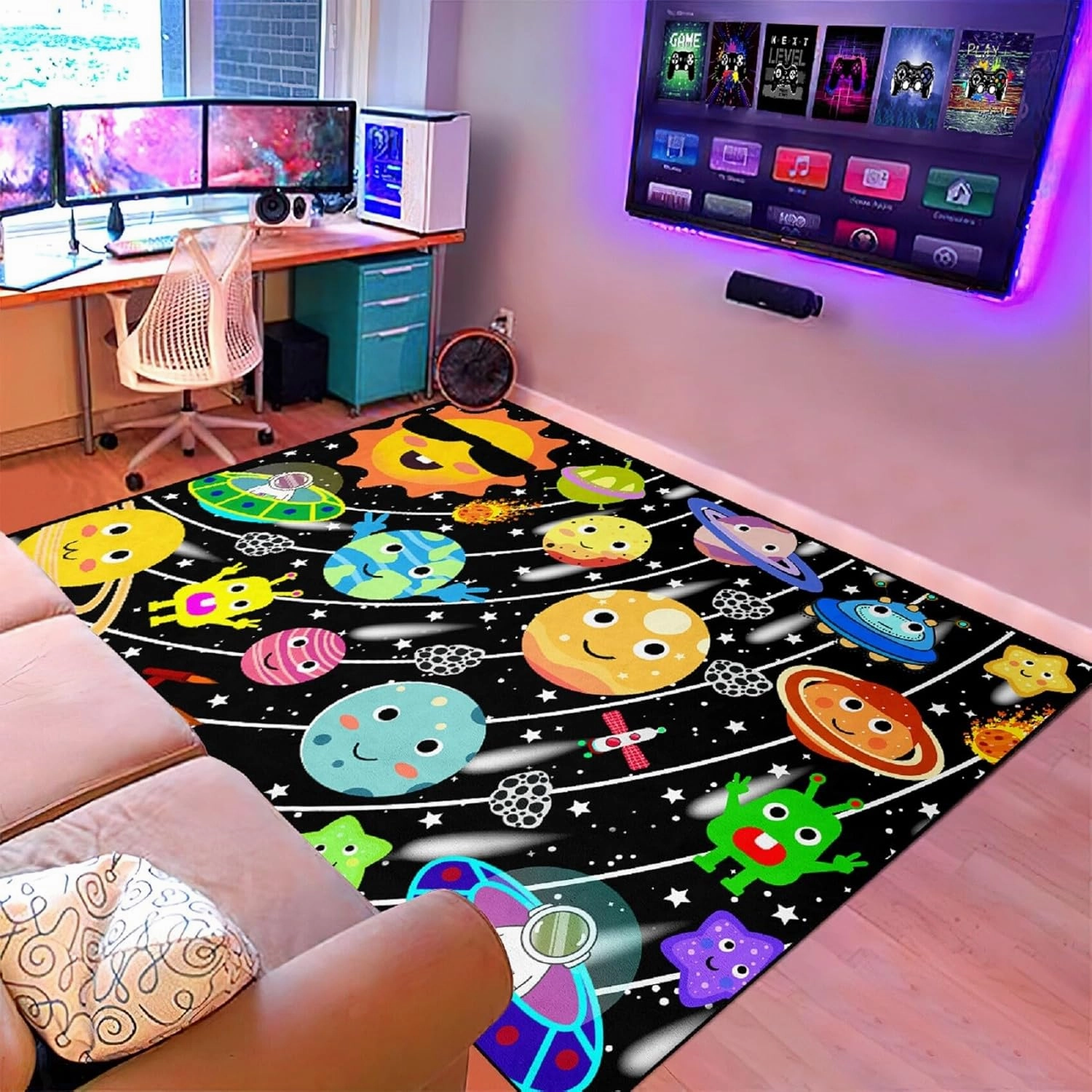 Outer Space Rug - Galaxy Area Carpet Planet Rug for Kids Room Space Rugs for Boys Bedroom Black Universe Carpet Kids Play Mat, 3x4 Feet