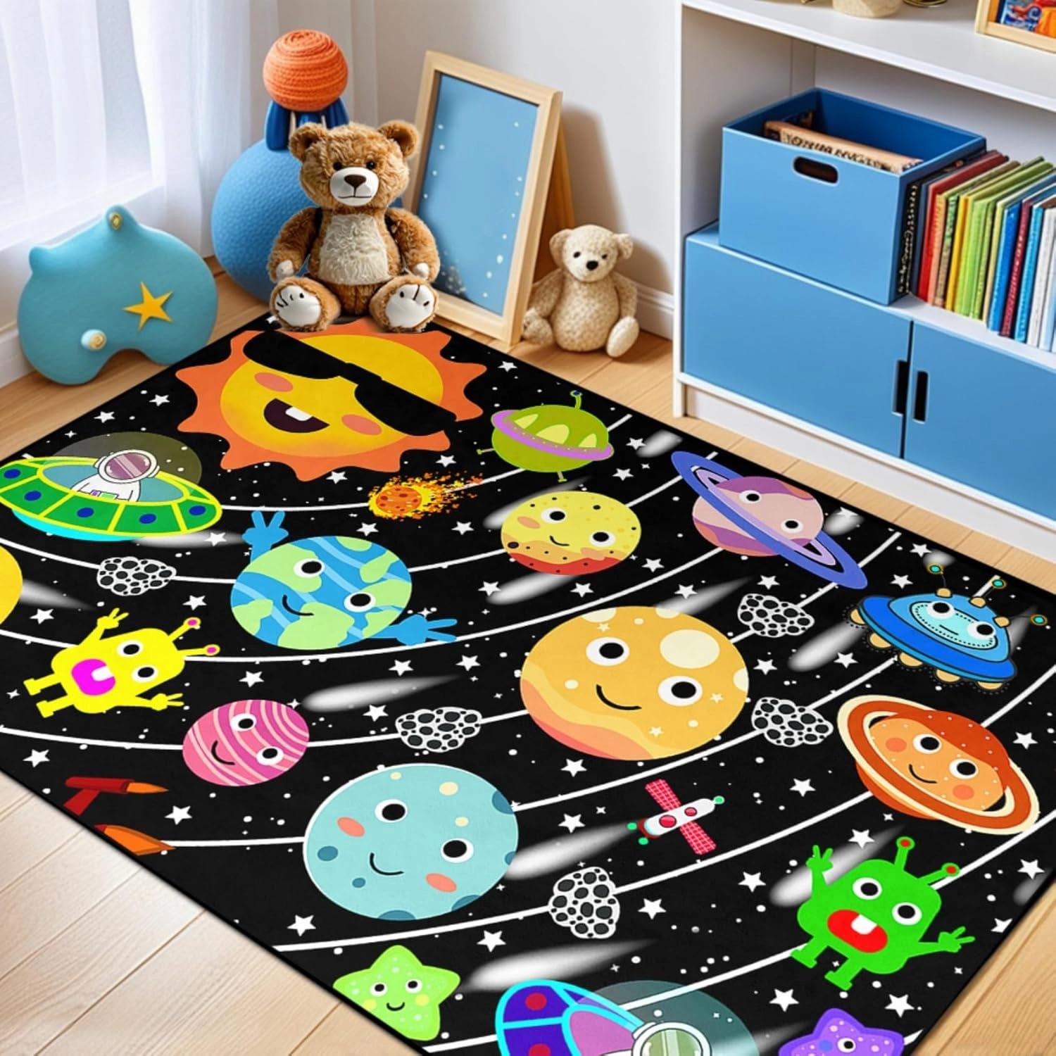 Outer Space Rug - Galaxy Area Carpet Planet Rug for Kids Room Space Rugs for Boys Bedroom Black Universe Carpet Kids Play Mat, 3x4 Feet