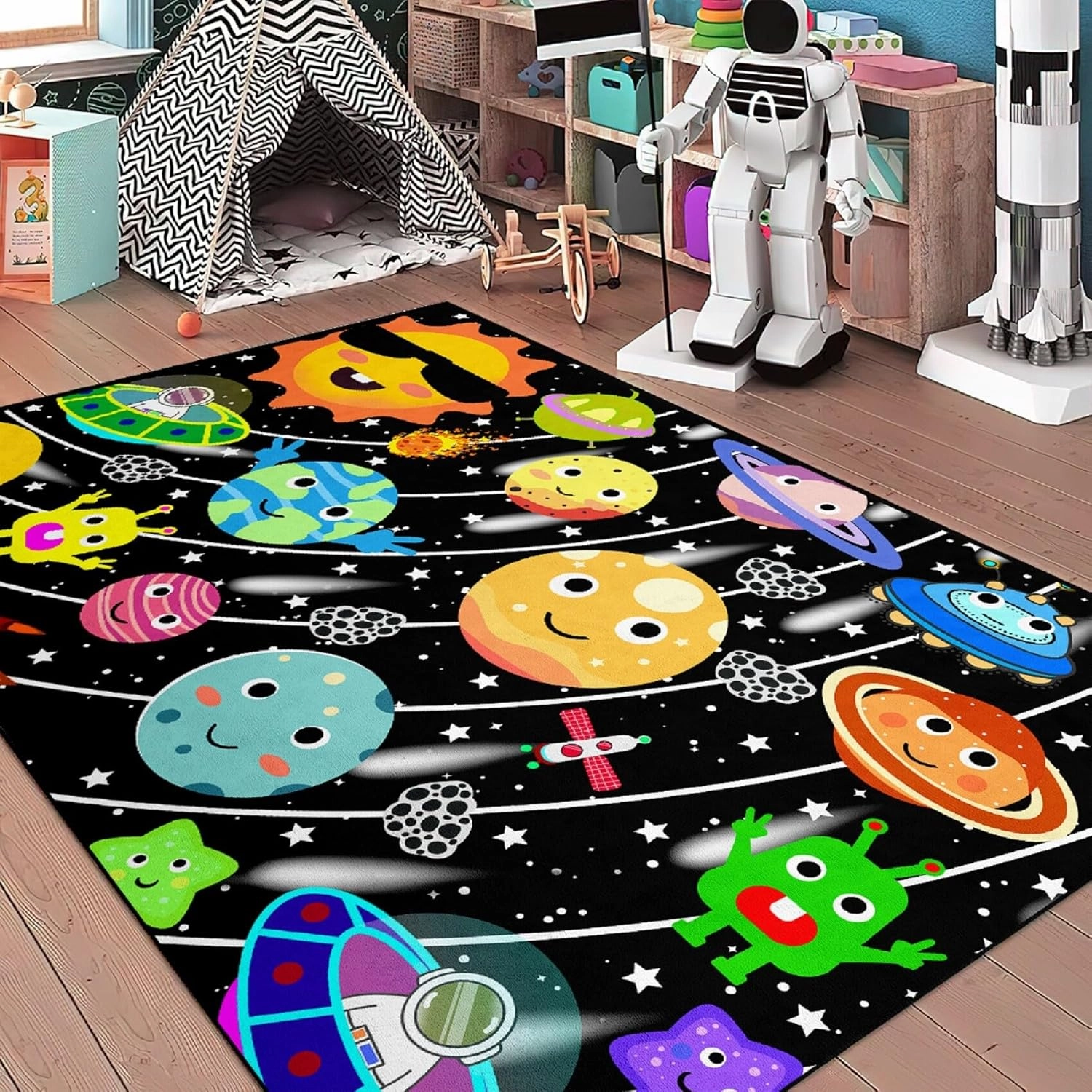 Outer Space Rug - Galaxy Area Carpet Planet Rug for Kids Room Space Rugs for Boys Bedroom Black Universe Carpet Kids Play Mat, 3x4 Feet