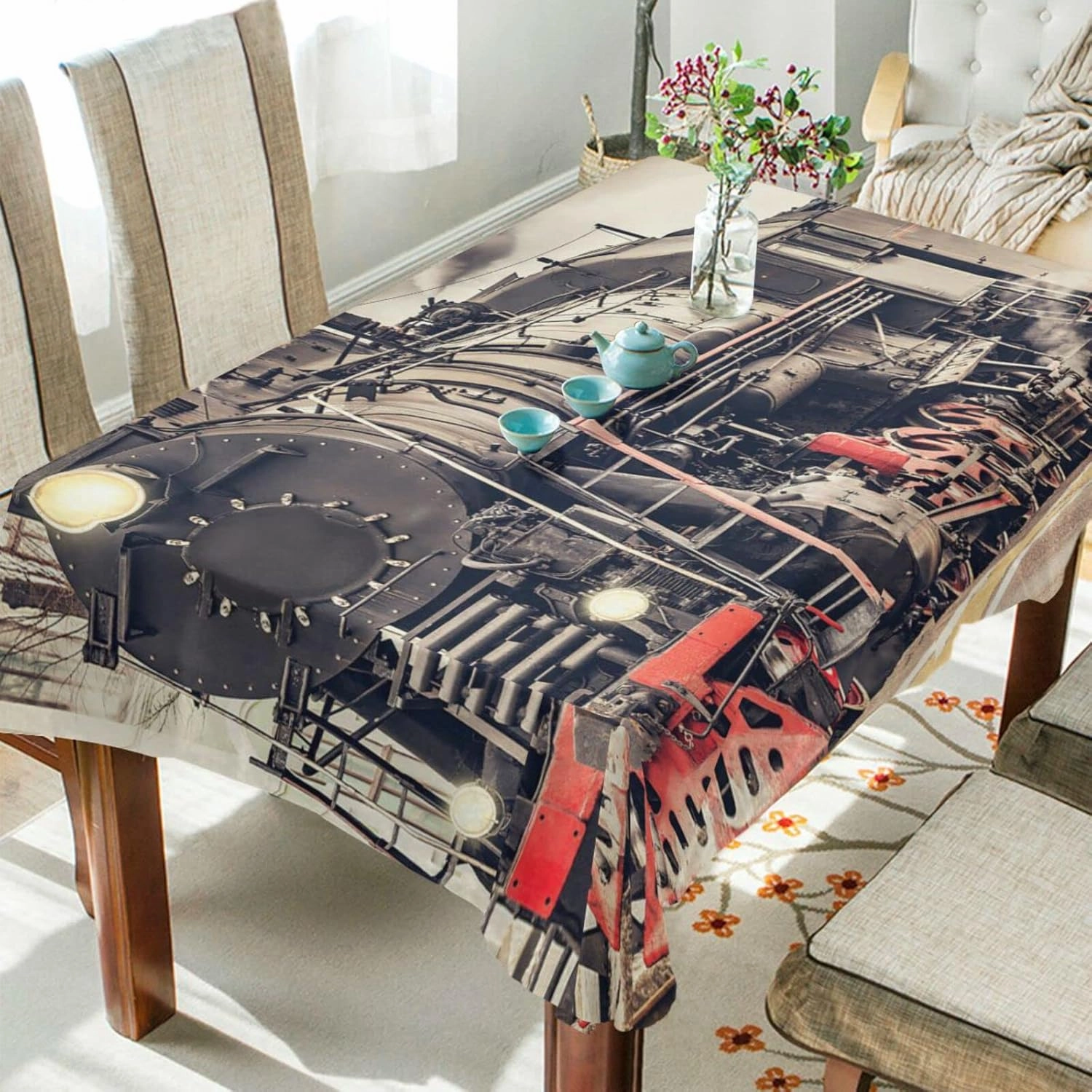 Oyihfvs Retro Steam Train Rectangle Wrinkle Tablecloth, Stain Proof Table Cloth Cover for Indoor Dining Outdoor Party Picnic Decor 54 x 72 in