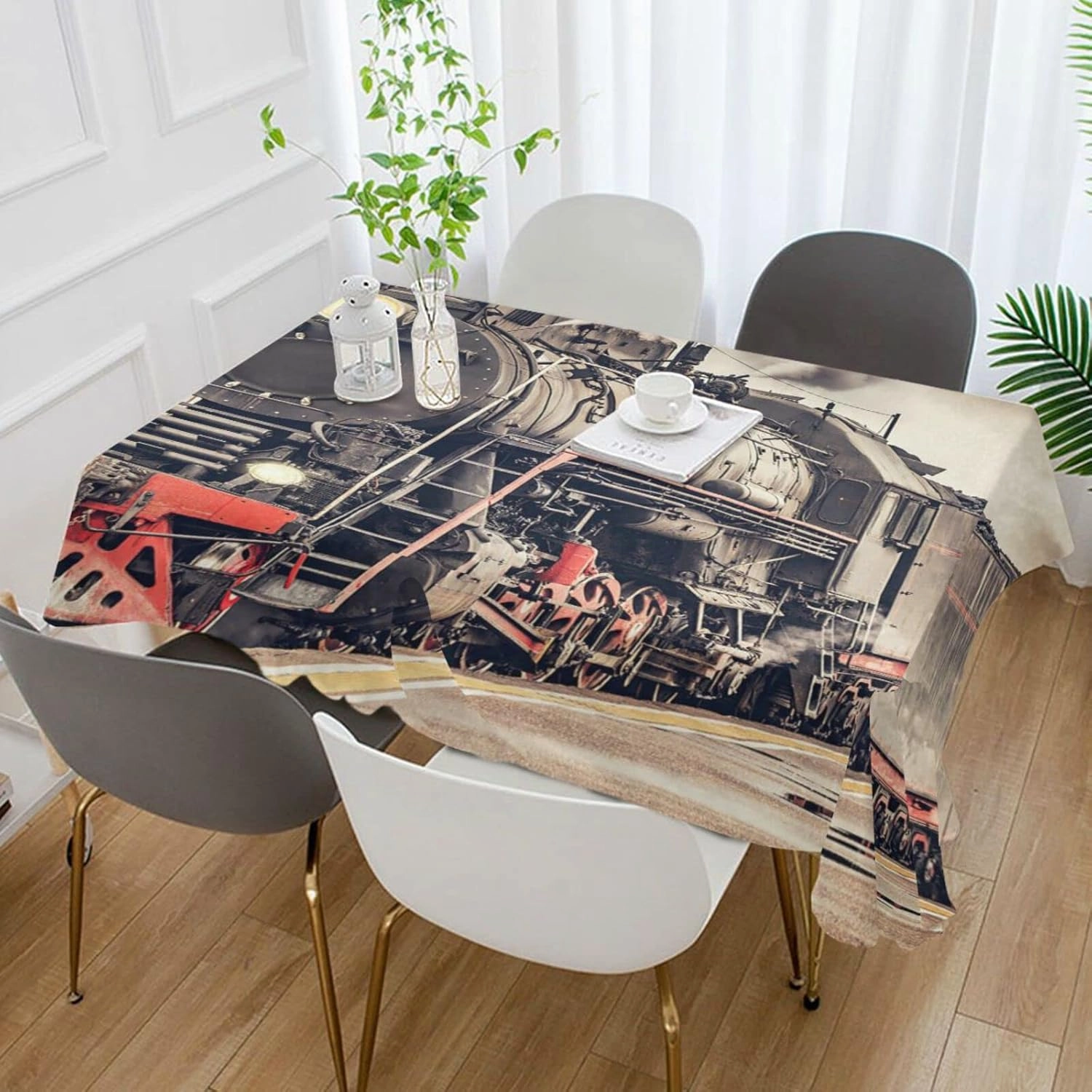 Oyihfvs Retro Steam Train Rectangle Wrinkle Tablecloth, Stain Proof Table Cloth Cover for Indoor Dining Outdoor Party Picnic Decor 54 x 72 in
