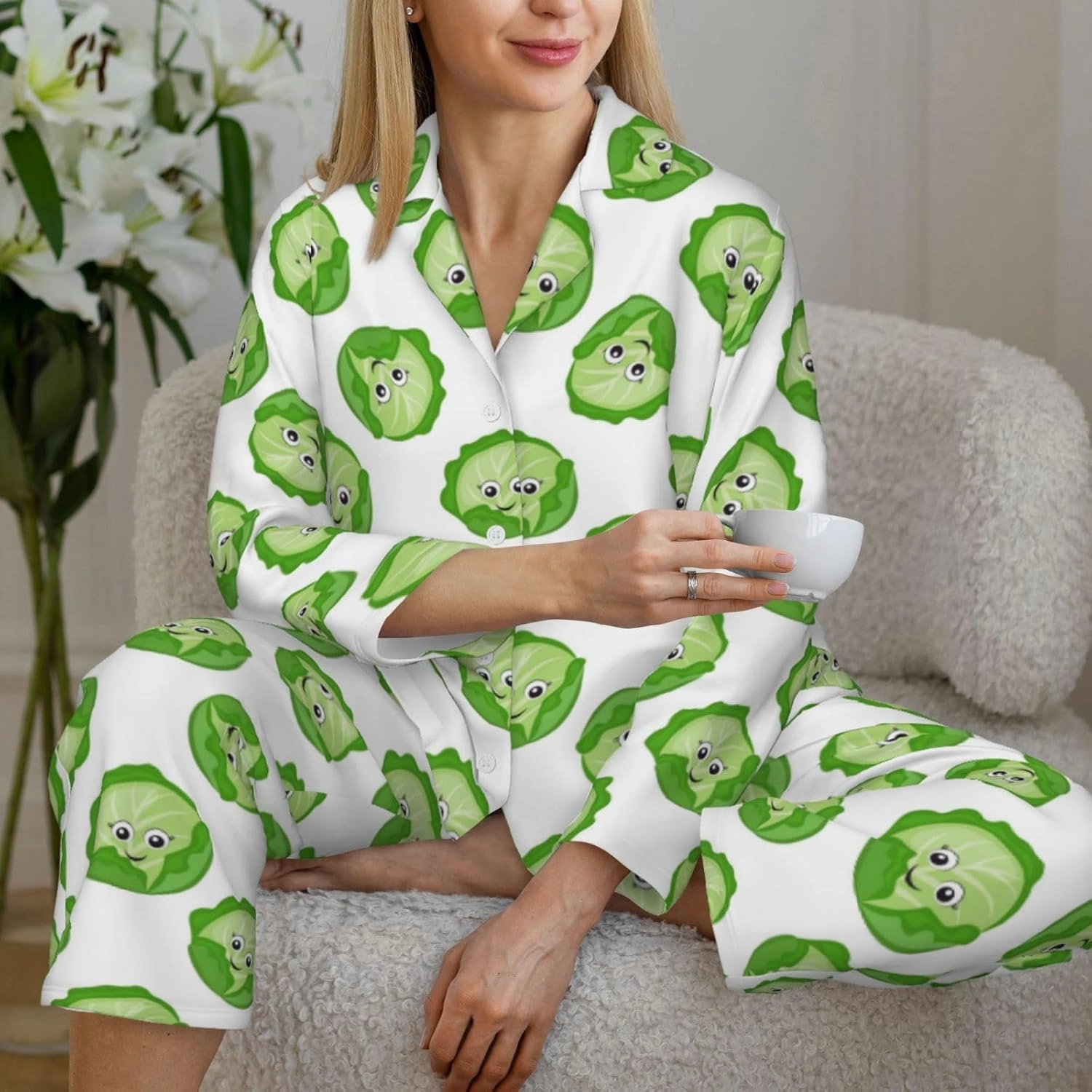 Pajamas for Women Set - bright cabbage cute eyes funny Nightwear Sleepwear Pjs Lounge Sets for Women with Pockets