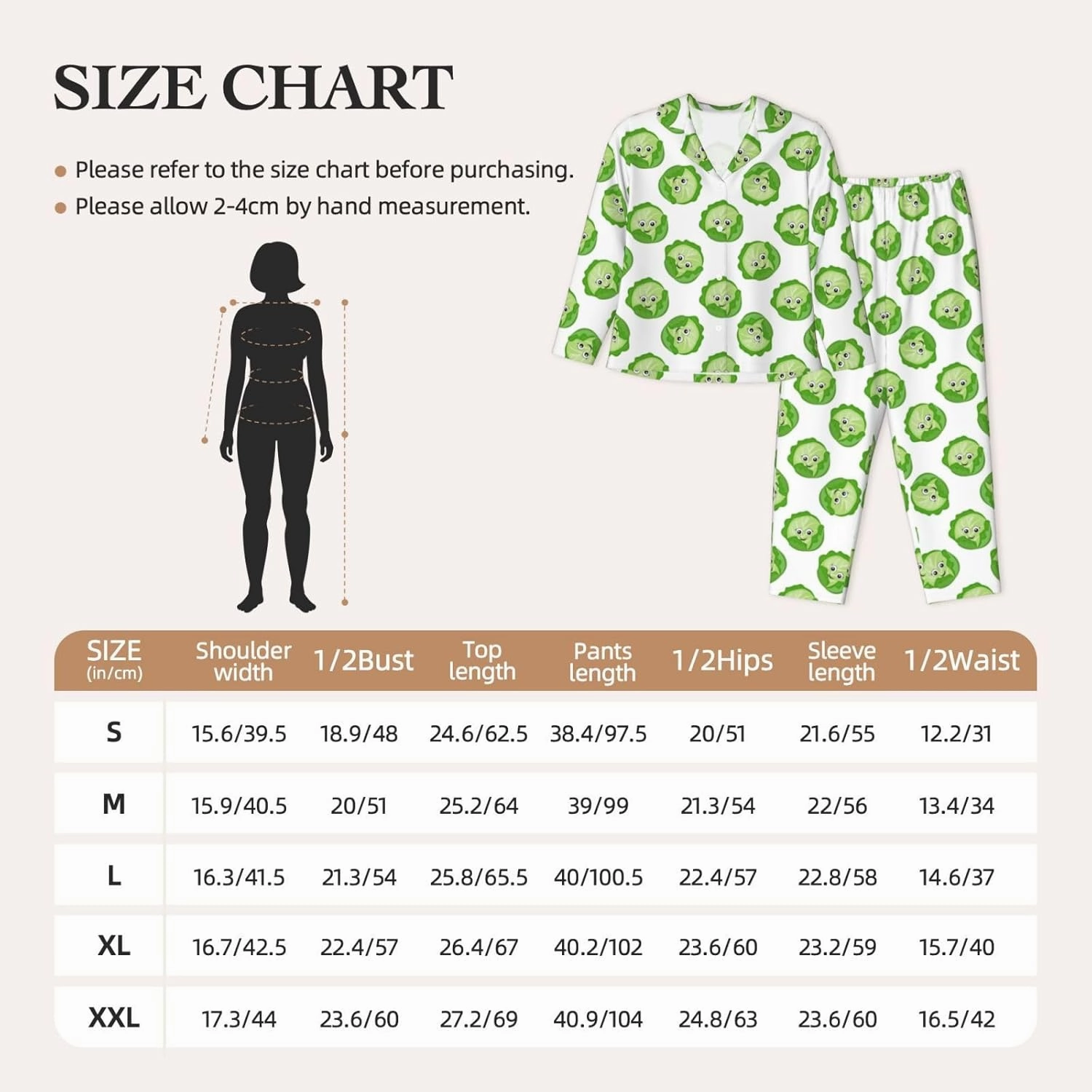 Pajamas for Women Set - bright cabbage cute eyes funny Nightwear Sleepwear Pjs Lounge Sets for Women with Pockets