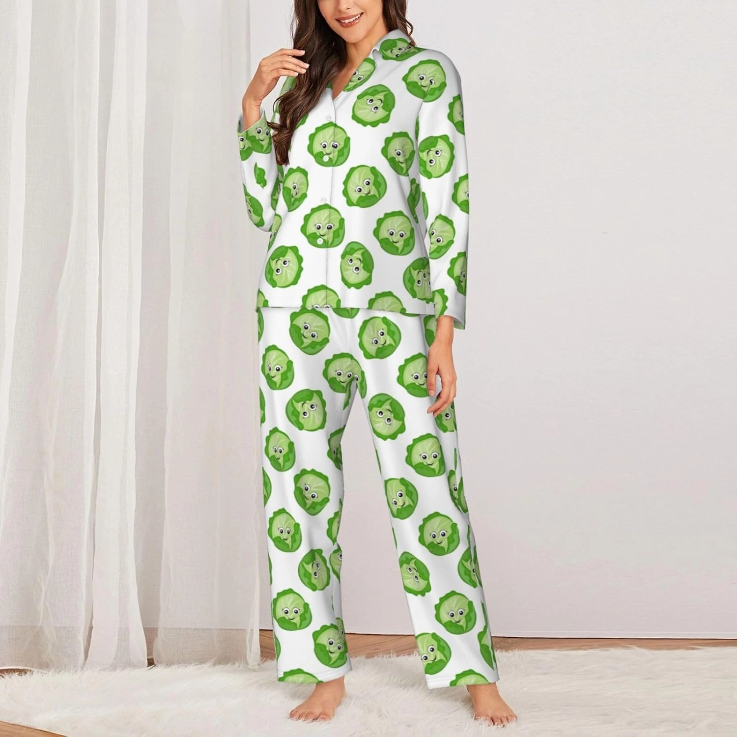 Pajamas for Women Set - bright cabbage cute eyes funny Nightwear Sleepwear Pjs Lounge Sets for Women with Pockets