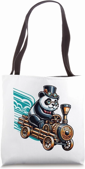 Panda Steampunk Adventure on Steam Train Tote Bag