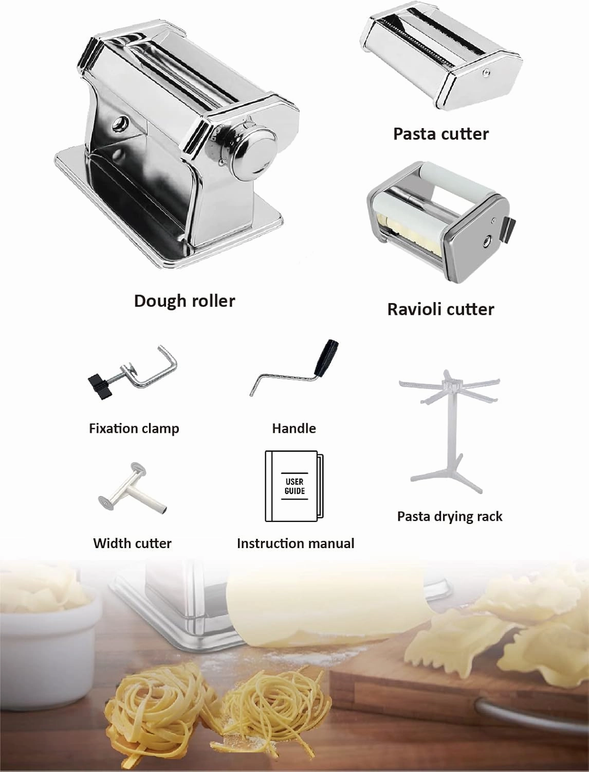Pasta Maker Machine, Set of 6 Piece 150mm Steel Noodle Maker Machine with 9 Adjustable Thickness Settings, Includes Ravioli Maker Attachment, Pasta Drying Rack (MZ-150PR)