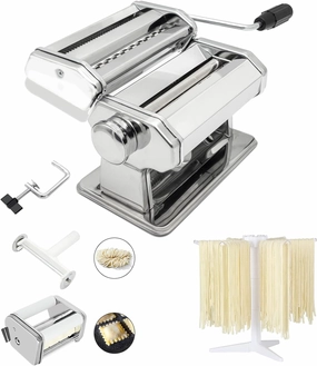 Pasta Maker Machine, Set of 6 Piece 150mm Steel Noodle Maker Machine with 9 Adjustable Thickness Settings, Includes Ravioli Maker Attachment, Pasta Drying Rack (MZ-150PR)