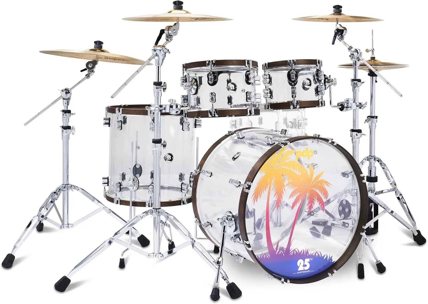 PDP By DW PDP 25th Anniversary 4-Piece Clear Acrylic with Walnut Stain Hoops Drum Set Shell Pack (PDLT221425TH)