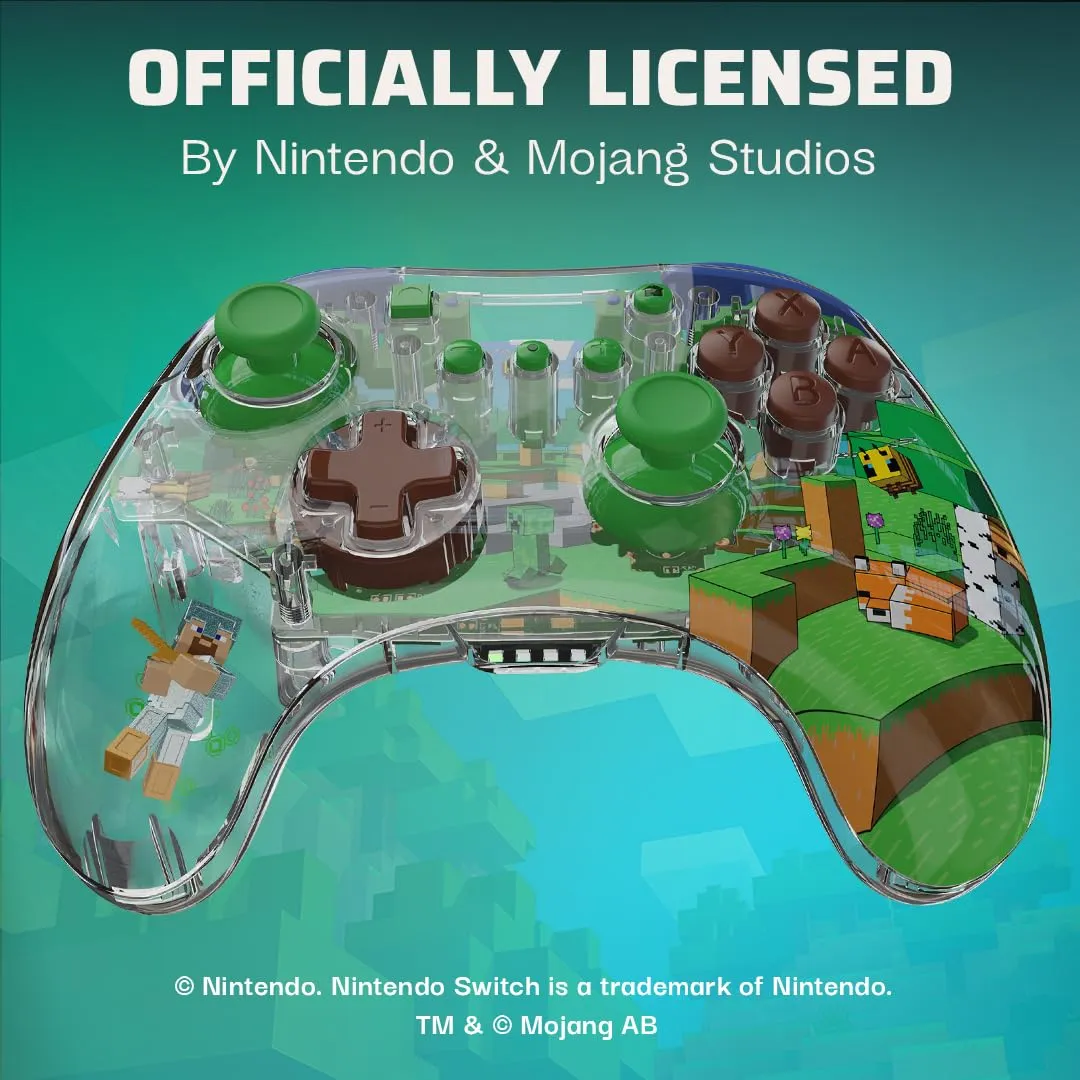 PDP REALMz Wireless Nintendo Switch Pro Controller, Customizable LED, 40 Hour Rechargeable Battery Power,Officially Licensed by Nintendo: Minecraft Steve -Forest Biome