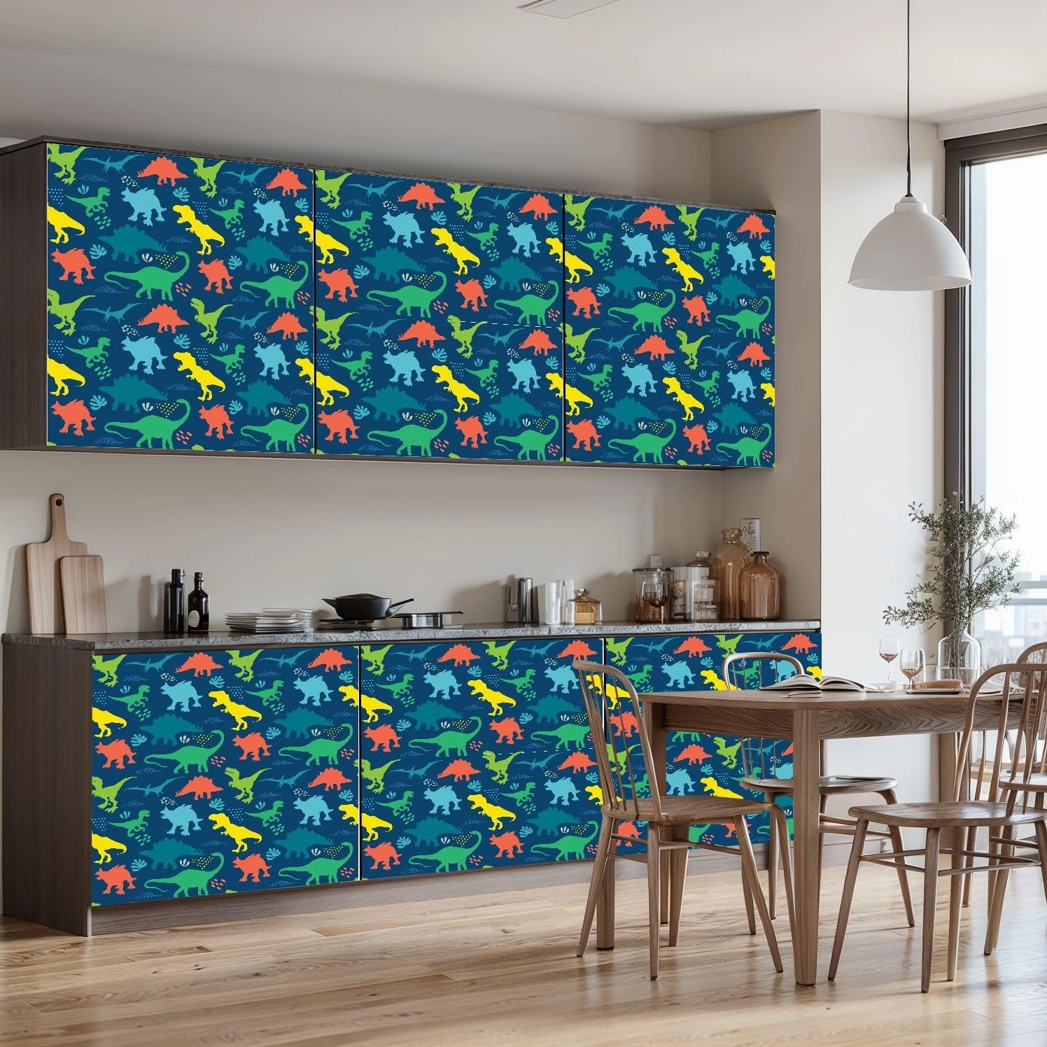 Peel and Stick Wallpaper Self Adhesive Wall Mural Seamless bright Dino pattern print for T shirts textiles web Original Contact Paper Renter Friendly Wallpaper for Kitchen Nursery Bedroom 17.7"x118"