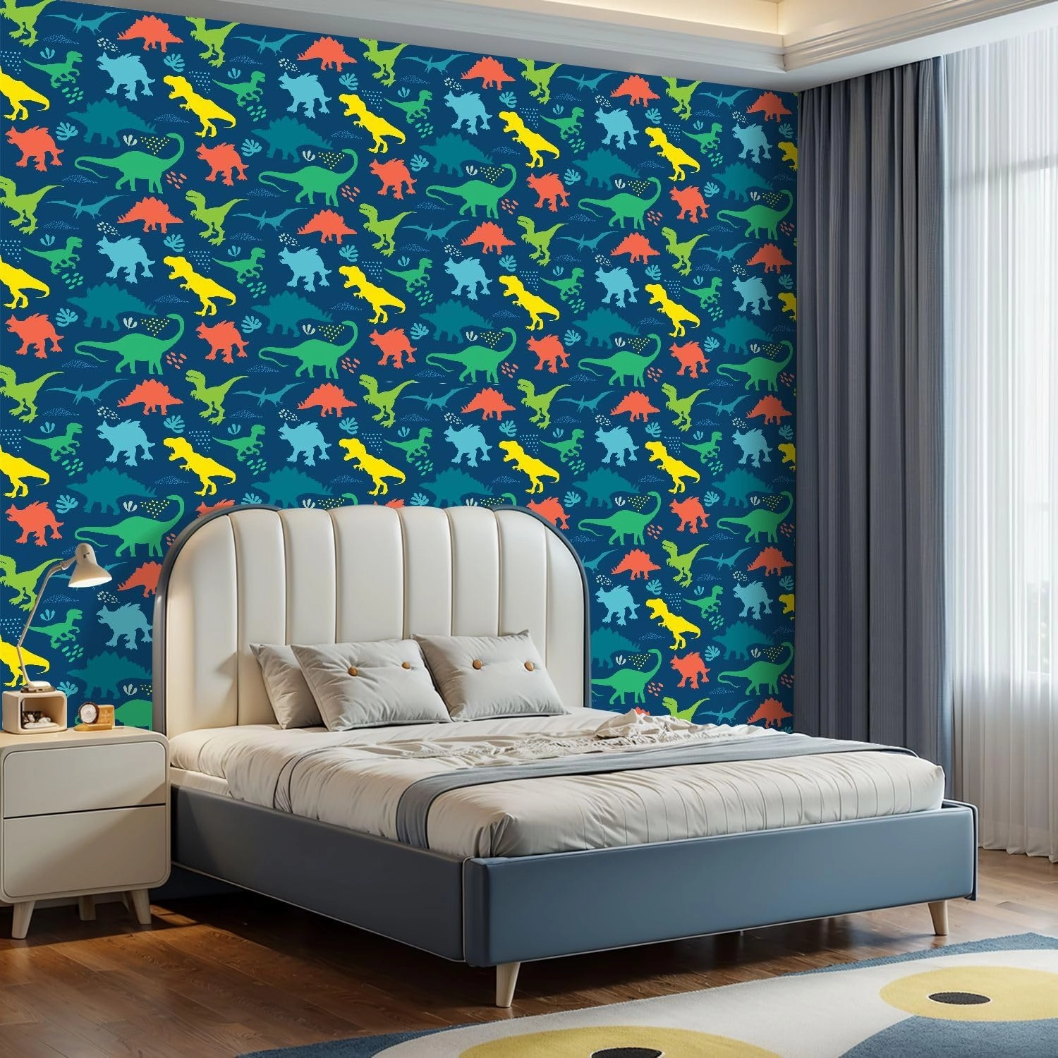 Peel and Stick Wallpaper Self Adhesive Wall Mural Seamless bright Dino pattern print for T shirts textiles web Original Contact Paper Renter Friendly Wallpaper for Kitchen Nursery Bedroom 17.7"x118"