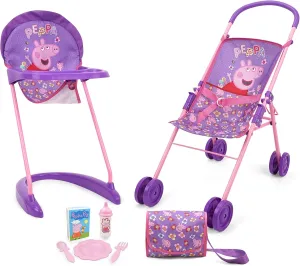 Peppa Pig: Stroll N' Feed 8pc Set - Purple, Pink, Flowers - Stroller, Highchair, Handbag, Feeding Accessories, for Dolls Up to 18", Kids Toy Ages 3 