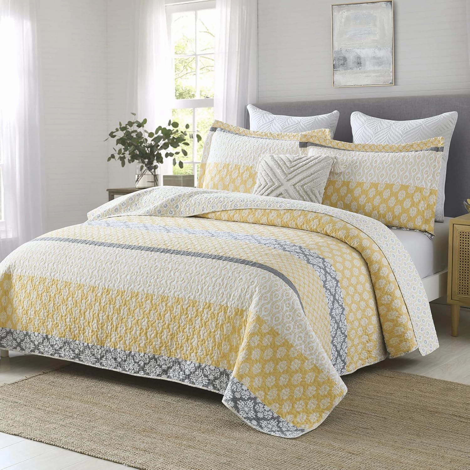 PERHOM Yellow Quilt Queen Size - Queen Quilt Set, 100% Long-Staple Cotton Floral Quilt Bedding Set Bedspreads, Patchwork Reversible Light Comforter Bed Spread for All Season, Yellow/Gray, 3 Pieces