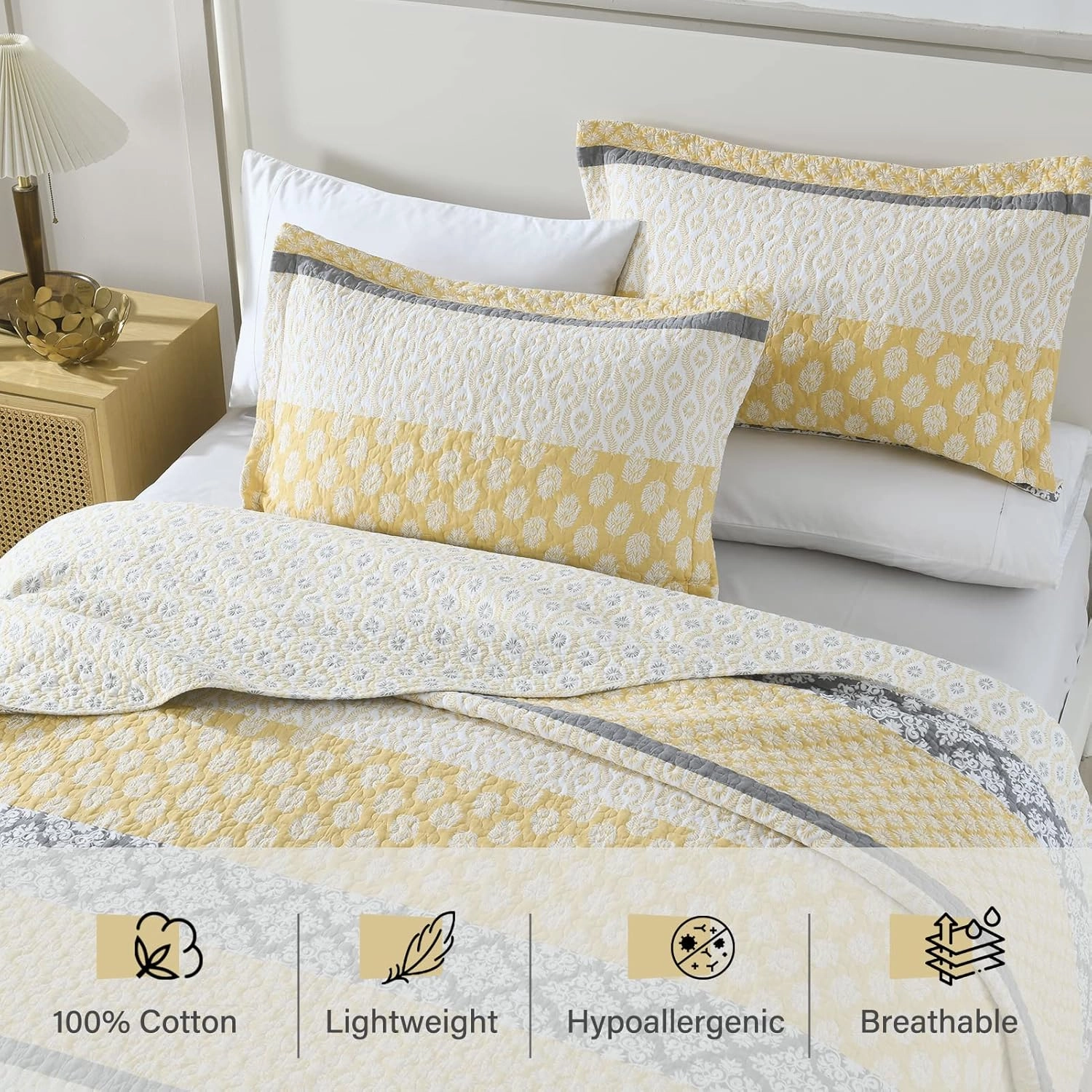 PERHOM Yellow Quilt Queen Size - Queen Quilt Set, 100% Long-Staple Cotton Floral Quilt Bedding Set Bedspreads, Patchwork Reversible Light Comforter Bed Spread for All Season, Yellow/Gray, 3 Pieces