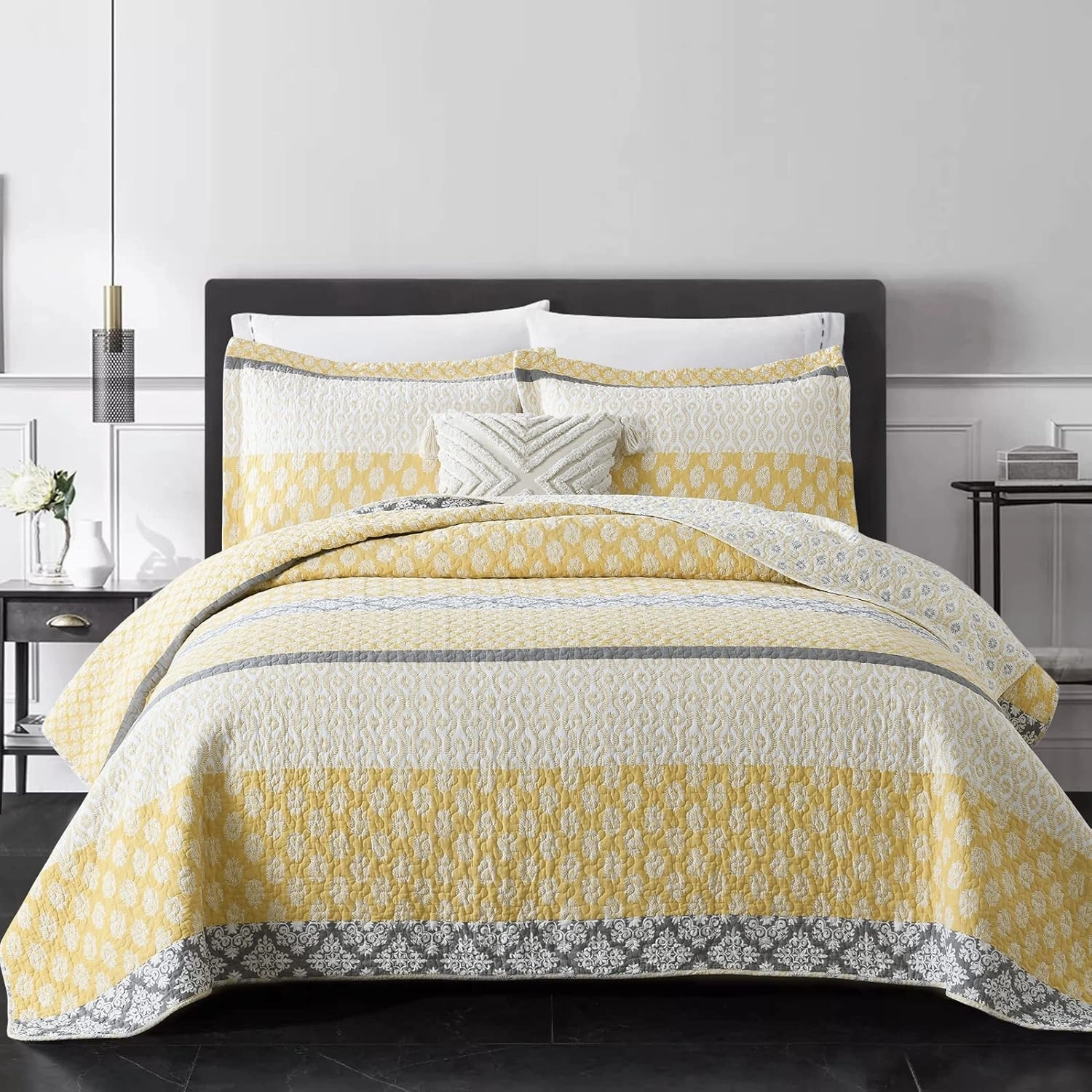 PERHOM Yellow Quilt Queen Size - Queen Quilt Set, 100% Long-Staple Cotton Floral Quilt Bedding Set Bedspreads, Patchwork Reversible Light Comforter Bed Spread for All Season, Yellow/Gray, 3 Pieces