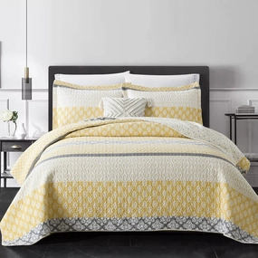 PERHOM Yellow Quilt Queen Size - Queen Quilt Set, 100% Long-Staple Cotton Floral Quilt Bedding Set Bedspreads, Patchwork Reversible Light Comforter Bed Spread for All Season, Yellow/Gray, 3 Pieces