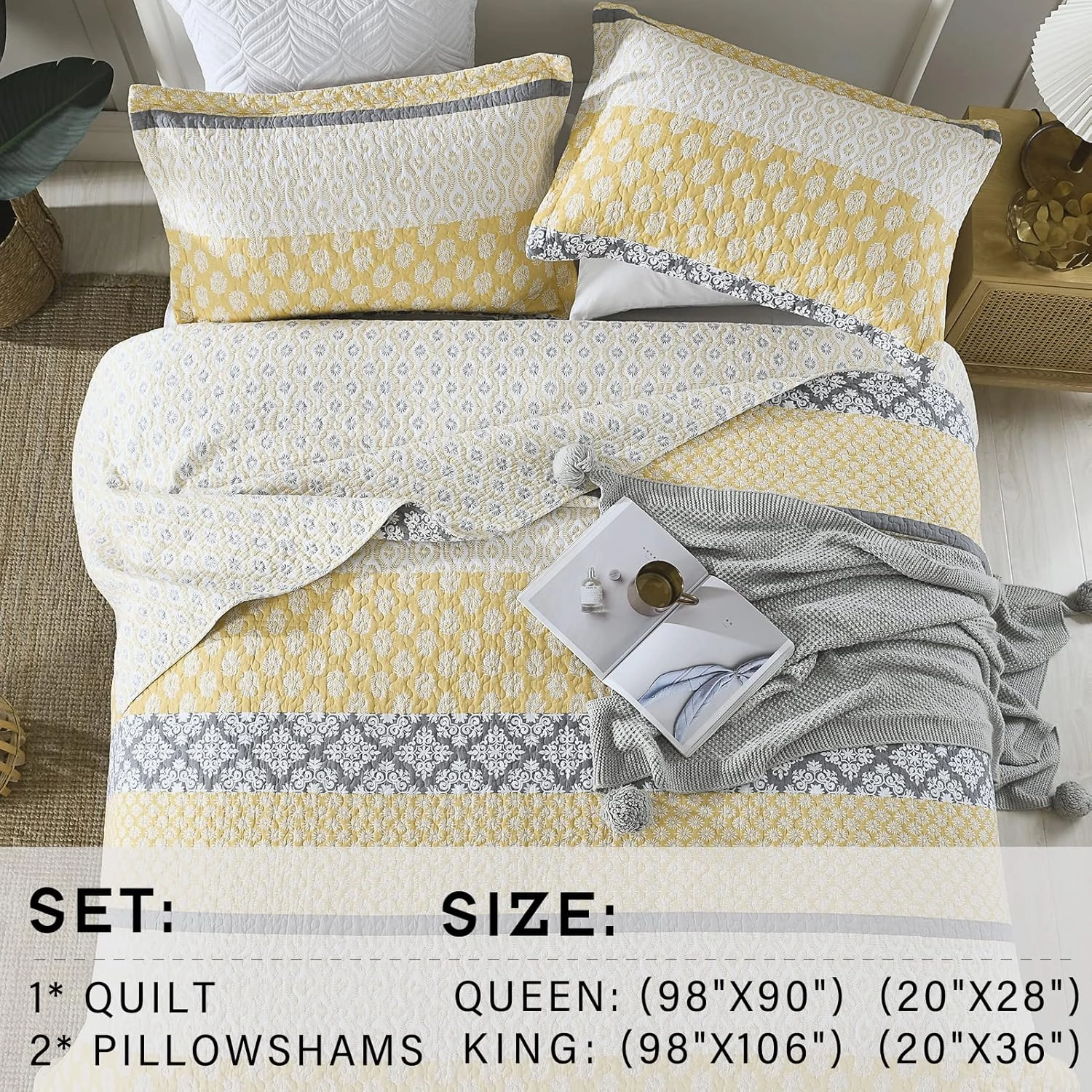 PERHOM Yellow Quilt Queen Size - Queen Quilt Set, 100% Long-Staple Cotton Floral Quilt Bedding Set Bedspreads, Patchwork Reversible Light Comforter Bed Spread for All Season, Yellow/Gray, 3 Pieces