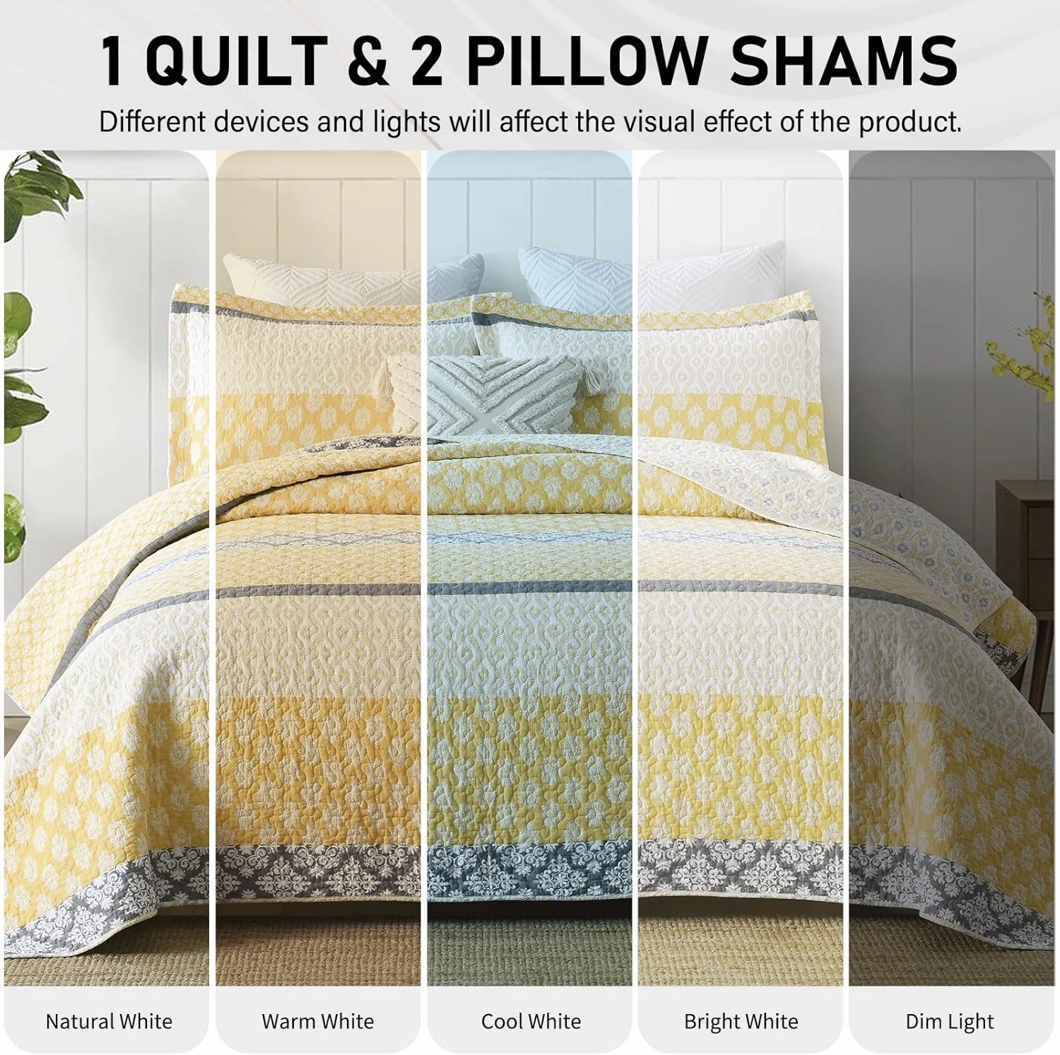 PERHOM Yellow Quilt Queen Size - Queen Quilt Set, 100% Long-Staple Cotton Floral Quilt Bedding Set Bedspreads, Patchwork Reversible Light Comforter Bed Spread for All Season, Yellow/Gray, 3 Pieces