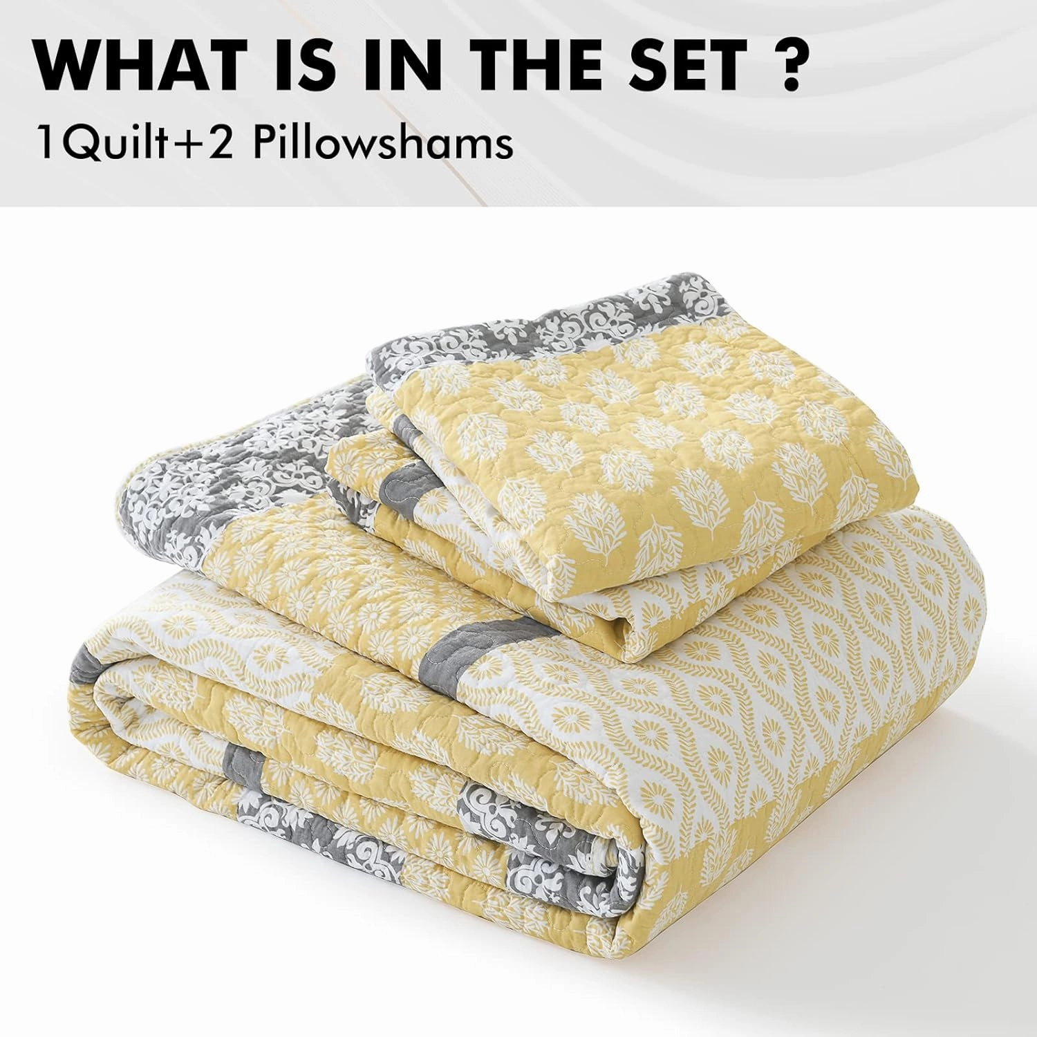 PERHOM Yellow Quilt Queen Size - Queen Quilt Set, 100% Long-Staple Cotton Floral Quilt Bedding Set Bedspreads, Patchwork Reversible Light Comforter Bed Spread for All Season, Yellow/Gray, 3 Pieces