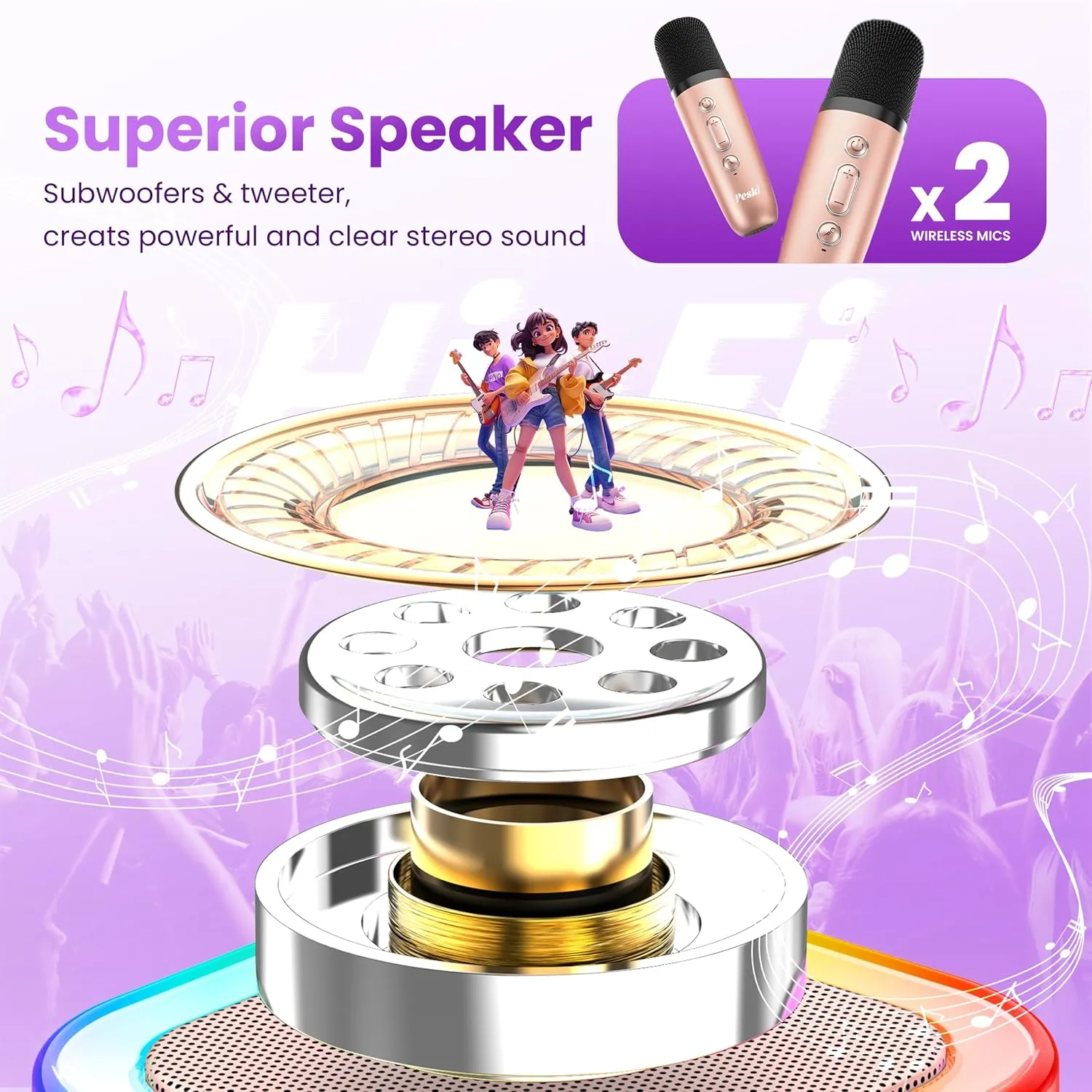 Peski Karaoke Player, Karaoke Machine for Kids Adults, Portable Bluetooth Mini Karaoke Microphone Singing Speaker with 2 Wireless Mic, for All Smartphones,Birthday, Family,Home Party(Rose Gold)