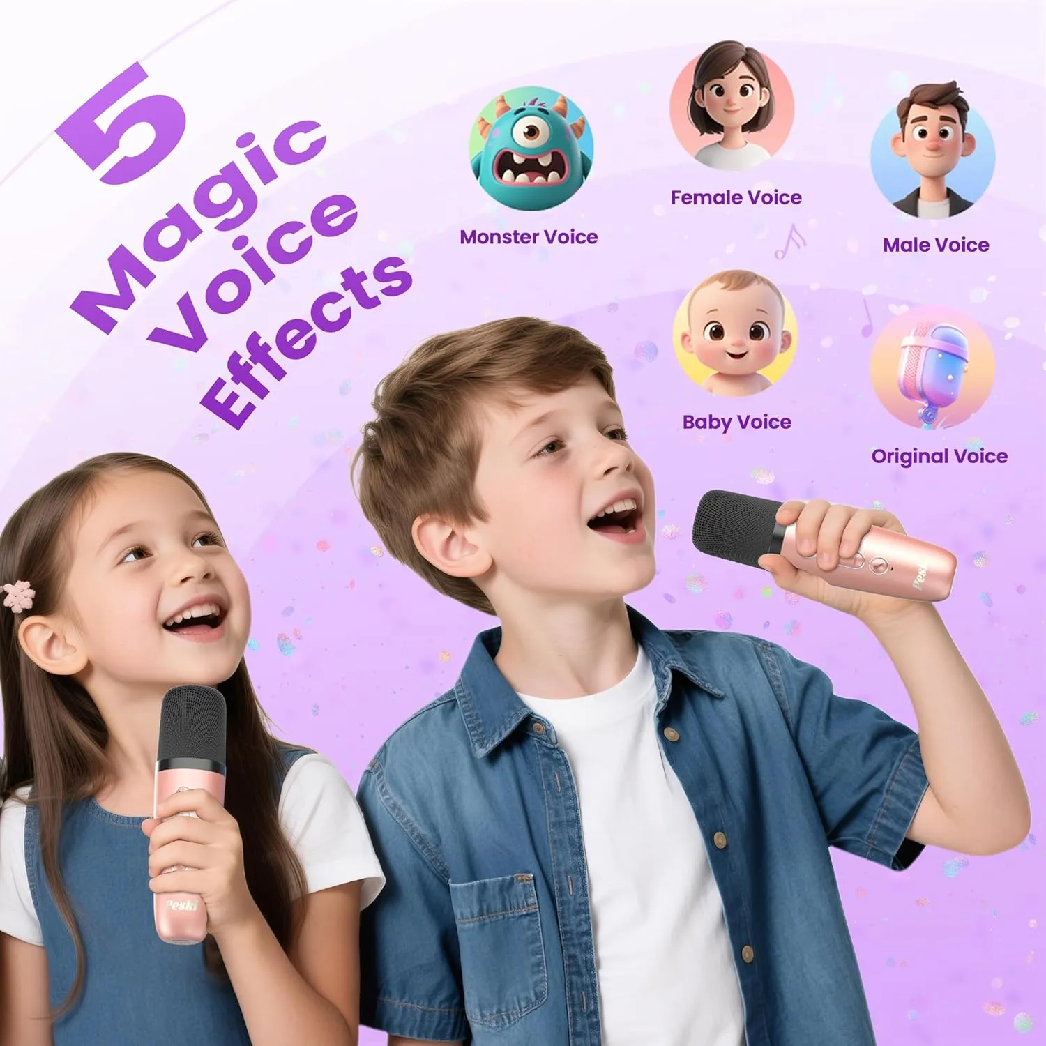 Peski Karaoke Player, Karaoke Machine for Kids Adults, Portable Bluetooth Mini Karaoke Microphone Singing Speaker with 2 Wireless Mic, for All Smartphones,Birthday, Family,Home Party(Rose Gold)