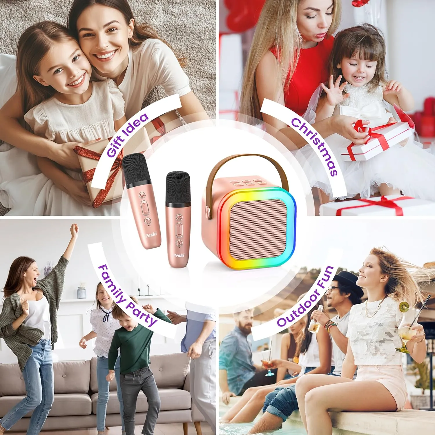 Peski Karaoke Player, Karaoke Machine for Kids Adults, Portable Bluetooth Mini Karaoke Microphone Singing Speaker with 2 Wireless Mic, for All Smartphones,Birthday, Family,Home Party(Rose Gold)