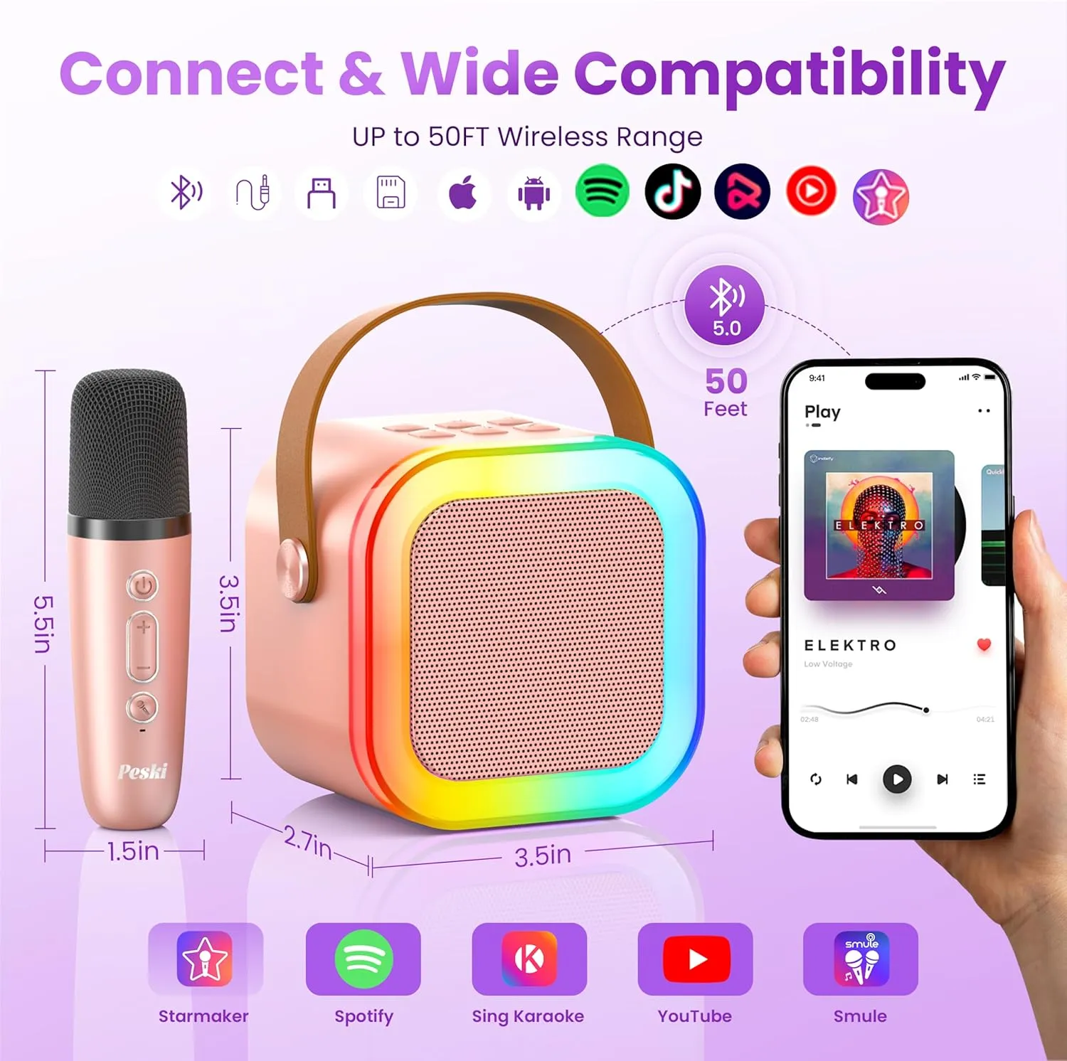 Peski Karaoke Player, Karaoke Machine for Kids Adults, Portable Bluetooth Mini Karaoke Microphone Singing Speaker with 2 Wireless Mic, for All Smartphones,Birthday, Family,Home Party(Rose Gold)