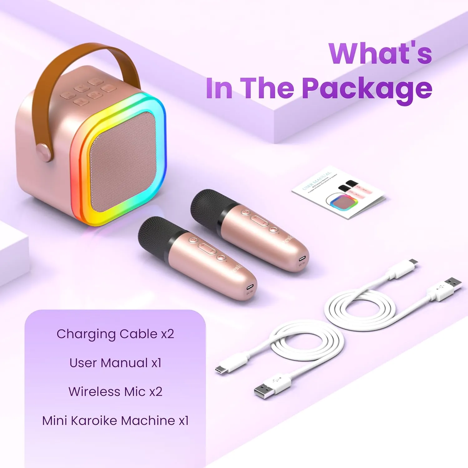 Peski Karaoke Player, Karaoke Machine for Kids Adults, Portable Bluetooth Mini Karaoke Microphone Singing Speaker with 2 Wireless Mic, for All Smartphones,Birthday, Family,Home Party(Rose Gold)