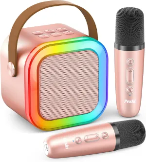 Peski Karaoke Player, Karaoke Machine for Kids Adults, Portable Bluetooth Mini Karaoke Microphone Singing Speaker with 2 Wireless Mic, for All Smartphones,Birthday, Family,Home Party(Rose Gold)