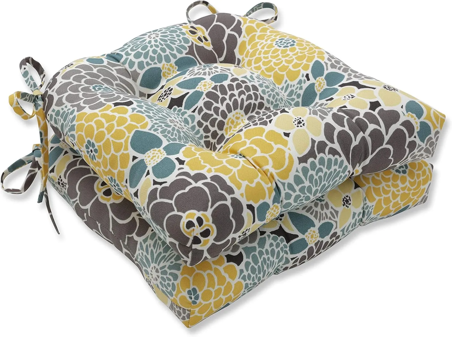 Pillow Perfect Bright Floral Indoor/Outdoor Chairpad with Ties, Reversible, Tufted, Weather, and Fade Resistant, 15.5" x 16", Blue/Tan Lois, 2 Count