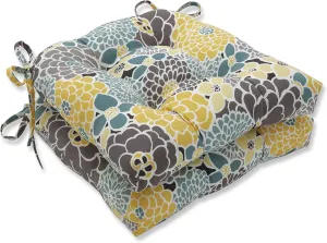 Pillow Perfect Bright Floral Indoor/Outdoor Chairpad with Ties, Reversible, Tufted, Weather, and Fade Resistant, 15.5" x 16", Blue/Tan Lois, 2 Count