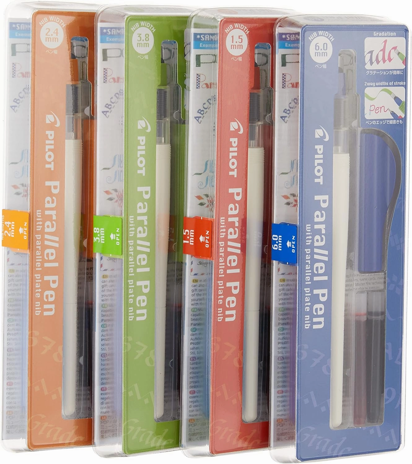 PILOT Parallel 4 Nib Calligraphy Pen Set, 1.5mm, 2.4mm, 3.8mm & 6.0mm Nibs, Includes 4 Black & 4 Red Ink Cartridges (90078)