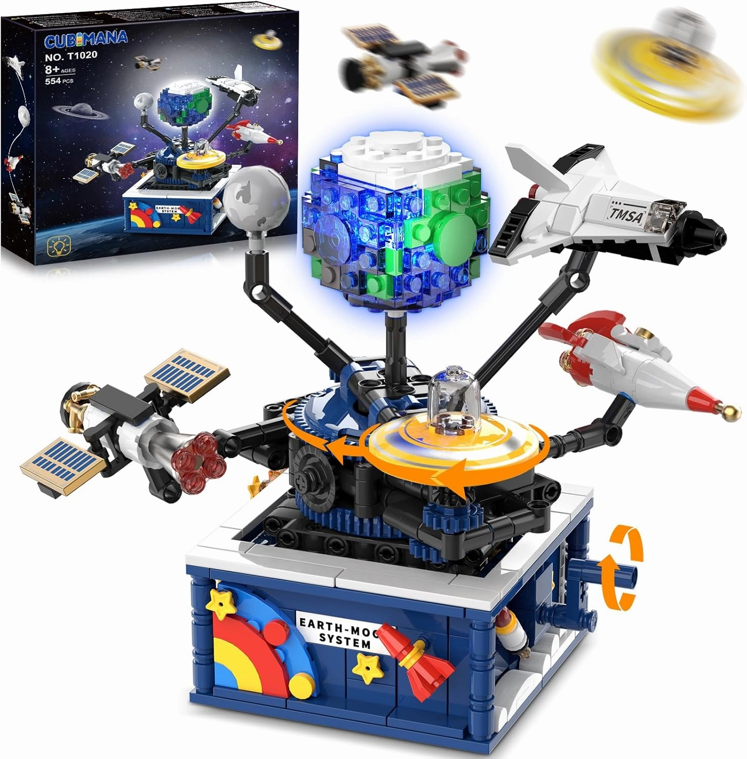 Planet Rotatable Space Sets with Light - Earth & Moon Space Exploration Building Toys with Shuttle Spaceship Science Kits Building Blocks Gifts for Kids Age 8  Years Old Boys Girls(554 PCS)
