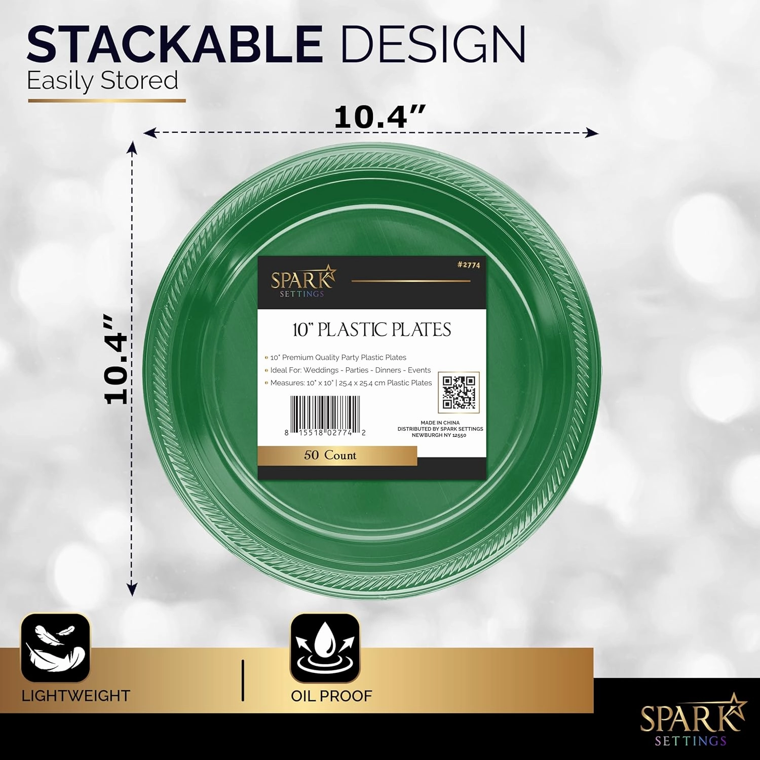 Plastic Plate, 10.4 inches, Disposable, Green, Set of 50