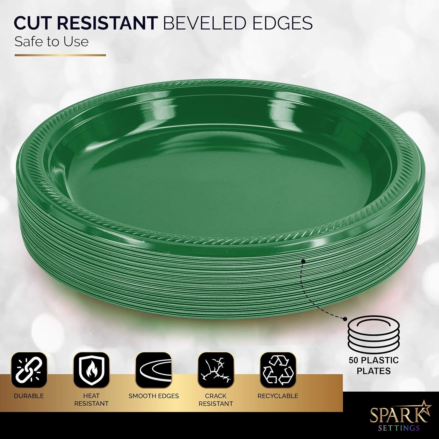 Plastic Plate, 10.4 inches, Disposable, Green, Set of 50