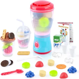 PLAY Smoothie Maker Toy Blender Set - 27 Pcs Pretend Play Kitchen Appliance for Kids with Realistic Action, Light and Sound, Play Toy Food Fruits and Cookies, Toy Mixer Birthday Gift for Kids Ages 3 