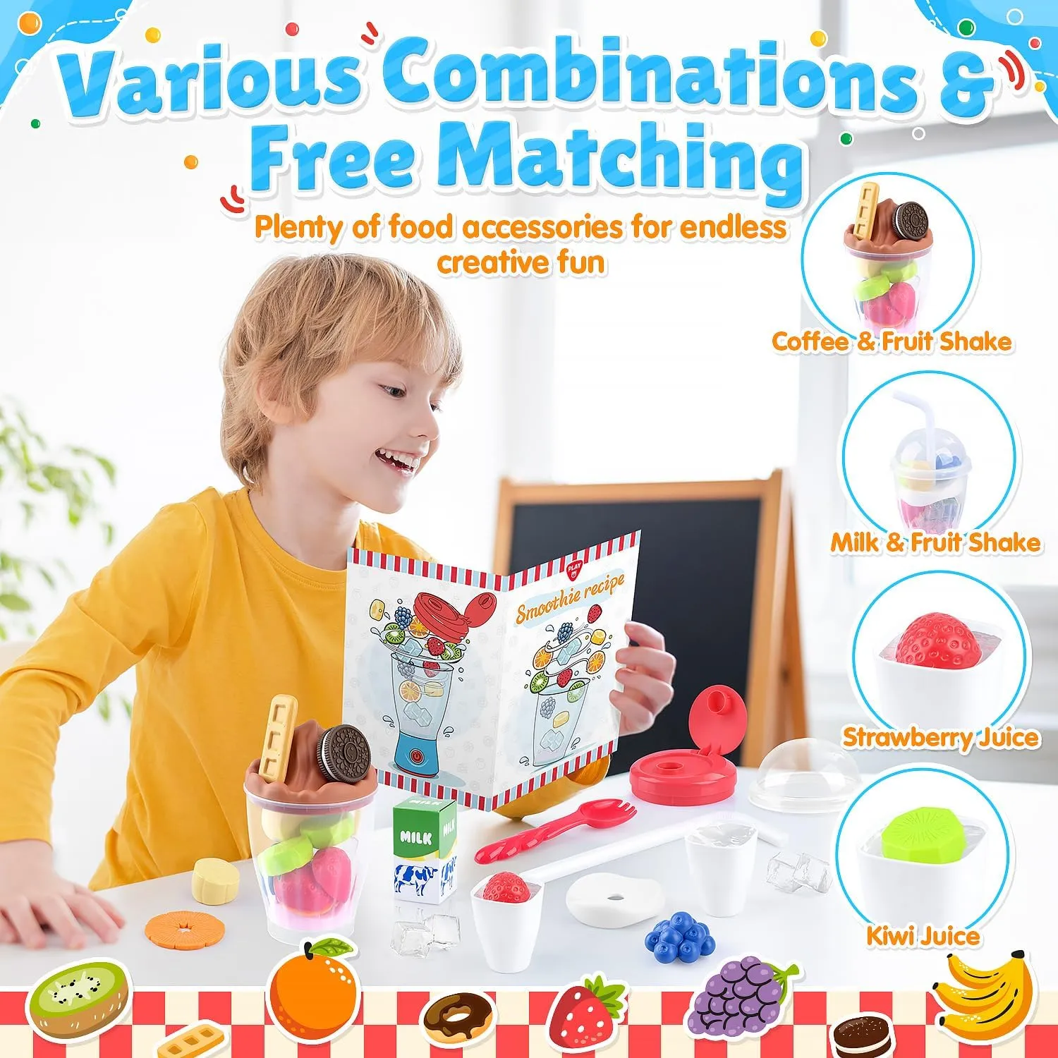 PLAY Smoothie Maker Toy Blender Set - 27 Pcs Pretend Play Kitchen Appliance for Kids with Realistic Action, Light and Sound, Play Toy Food Fruits and Cookies, Toy Mixer Birthday Gift for Kids Ages 3 