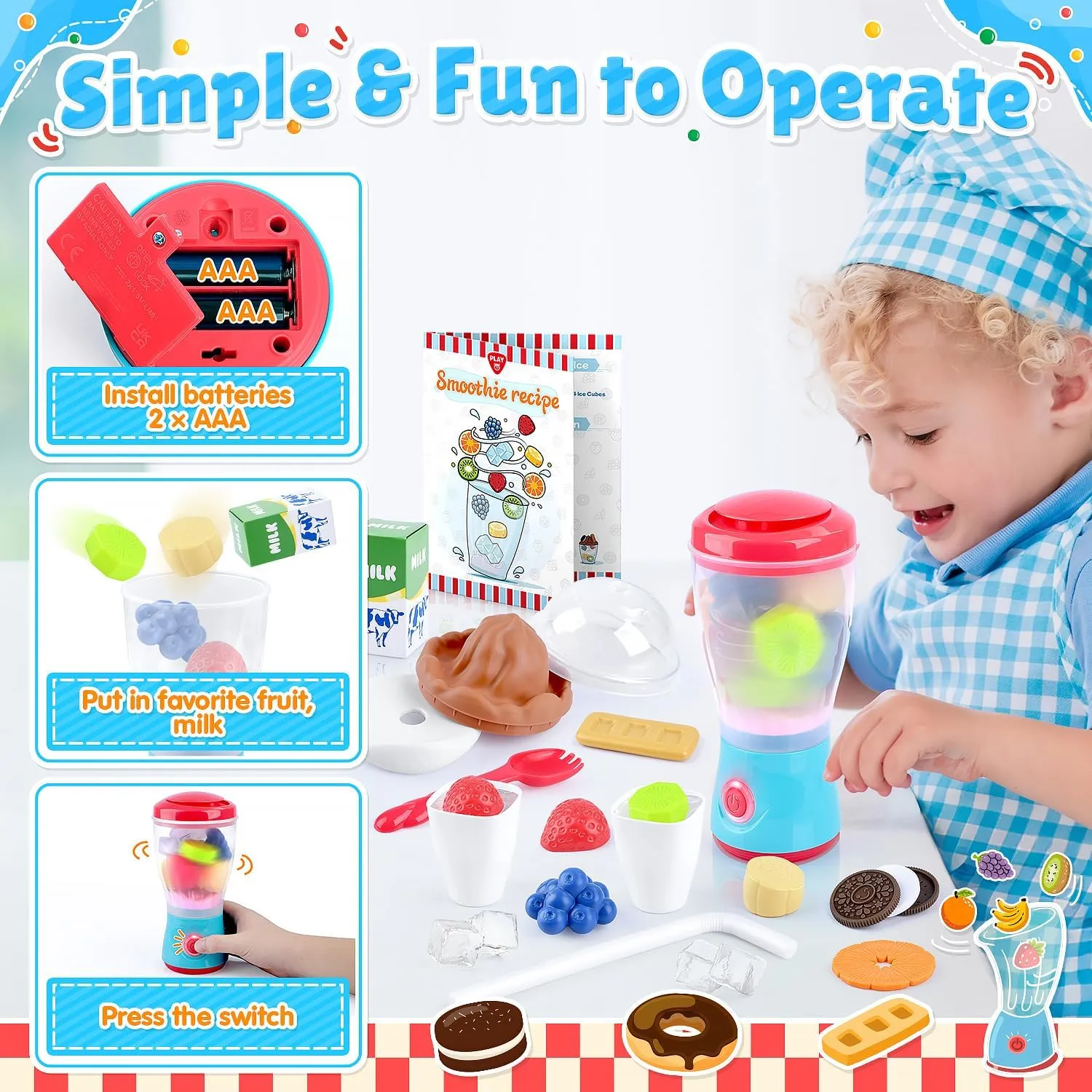 PLAY Smoothie Maker Toy Blender Set - 27 Pcs Pretend Play Kitchen Appliance for Kids with Realistic Action, Light and Sound, Play Toy Food Fruits and Cookies, Toy Mixer Birthday Gift for Kids Ages 3 