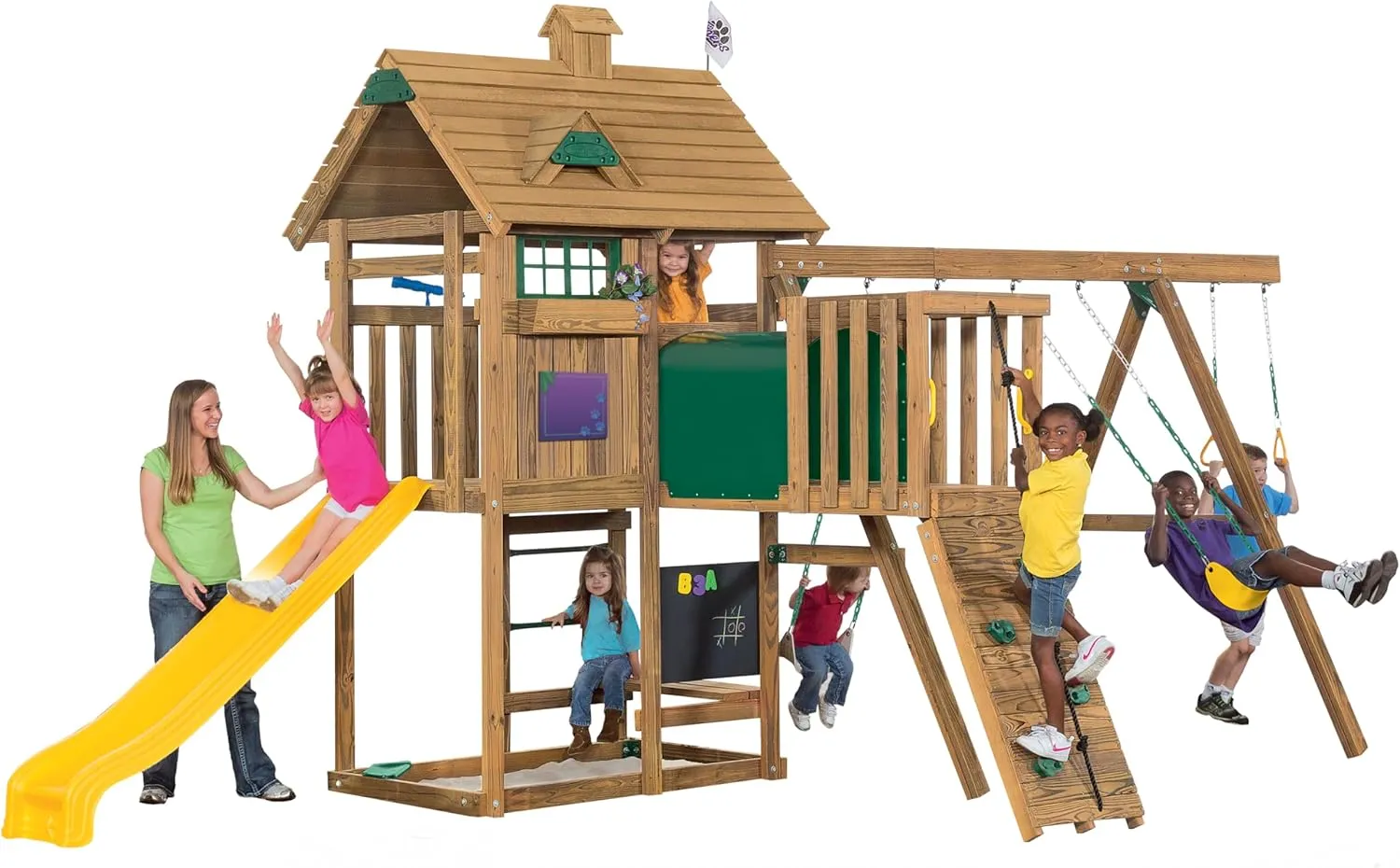 PLAYSTAR All PRO Bronze Swing Set (Made in USA). Southern Pine Lumber. Includes Slide, Rock Climbing Wall. Adventure Tunnel, Swings, Gym Rings, & Climbing Bars. 15 Activities 21X10X10 FT