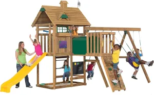 PLAYSTAR All PRO Bronze Swing Set (Made in USA). Southern Pine Lumber. Includes Slide, Rock Climbing Wall. Adventure Tunnel, Swings, Gym Rings, & Climbing Bars. 15 Activities 21X10X10 FT
