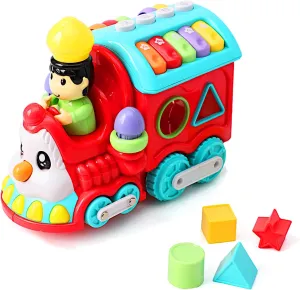 POCO DIVO Toddler Learning Train, Facial Musical Locomotive Rolling Engine, Kids Flash Rail Cargo, Baby Cartoon Push Carriage, Boys Girls Early Education Toy for Piano Animal-Sound Shape Color Count
