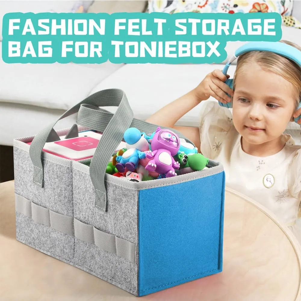 Portable Carrying Case Compatible with Toniebox Starter Set and Tonies Figurines,Travel Felt Cloth Musical Toy Folding Bag for Toniebox Accessories (Light Blue)