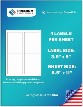 Premium Label Supply White Sticker Mailing/Shipping Labels – 3.5" x 5" – Laser/Inkjet Compatible – (4 per Sheet), 100 Sheets - 400 Total Adhesive Labels